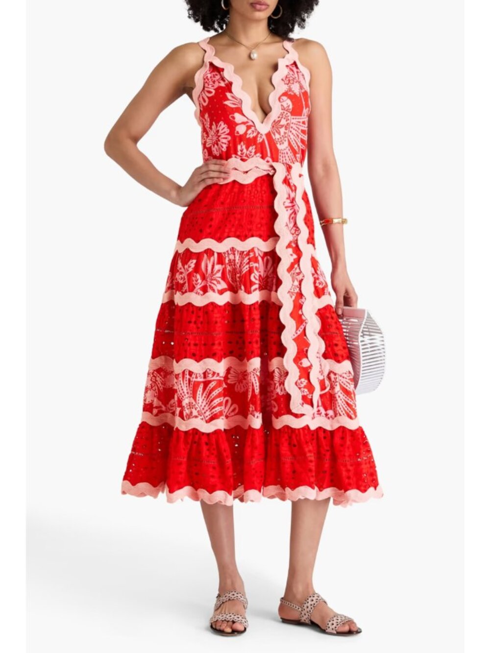 FARM RIO Flowerful Birds Maxi Dress XL NWT Red Pink Eyelet Lace V-Neck Plunge - Picture 7 of 13